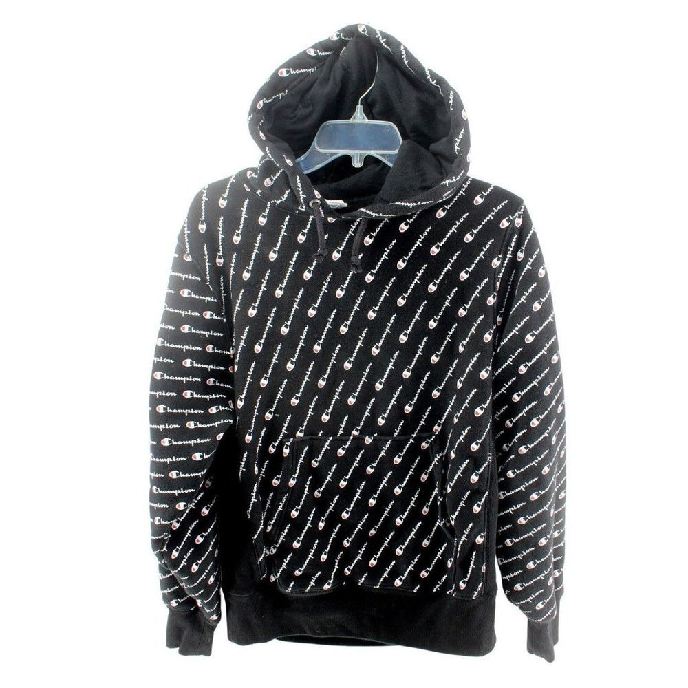 Champion Women's Black Reverse Weave All Over Signature Logo Sweatshirt Hoodie M